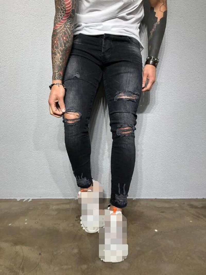 Ripped Jeans for Men Casual Skinny Stretch Black Distressed Jeans Men Sexy Hole Mid Waist Denim Pencil Pants