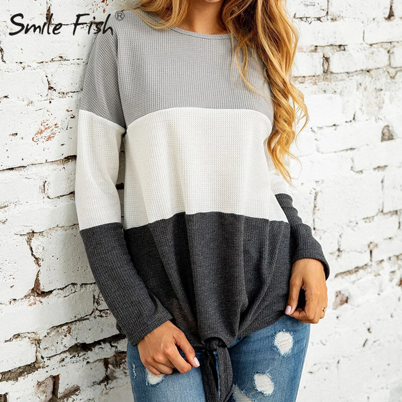 Женская блузка с длинным рукавом круглым вырезом и завязками|Рубашки| |