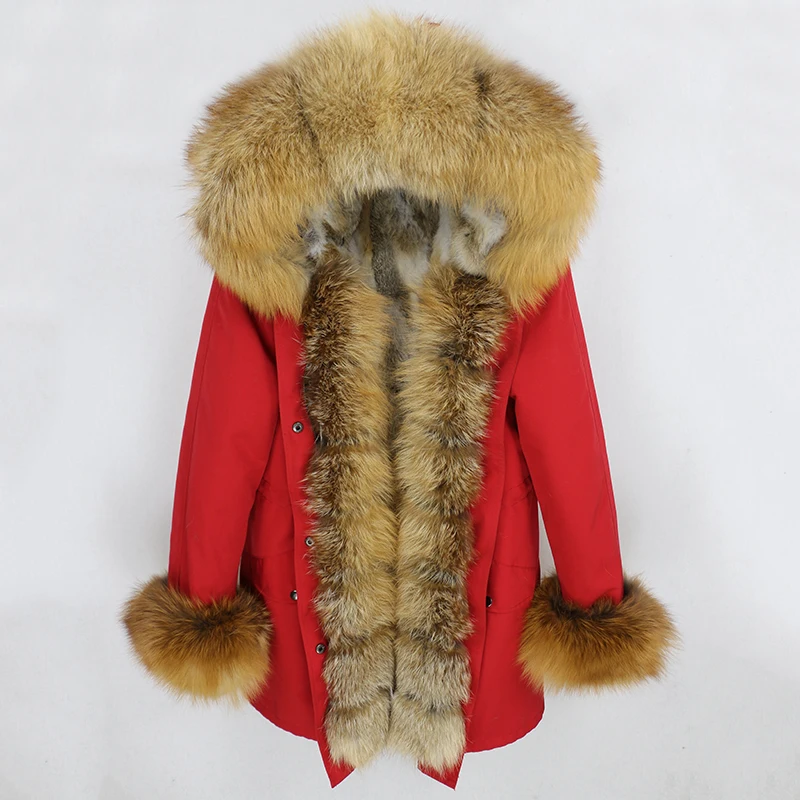 OFTBUY, водонепроницаемая парка, натуральное меховое пальто, зимняя куртка для женщин, воротник из натурального меха енота, капюшон, подкладка из натурального кроличьего меха, съемная - Цвет: red gold