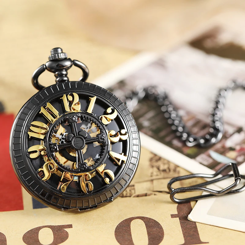 Luxury Mechanical Pocket Watch Skeleton Vintage Antique Black Case Big Gold Numerals Male Fob Chain Clock for Men Women Gifts