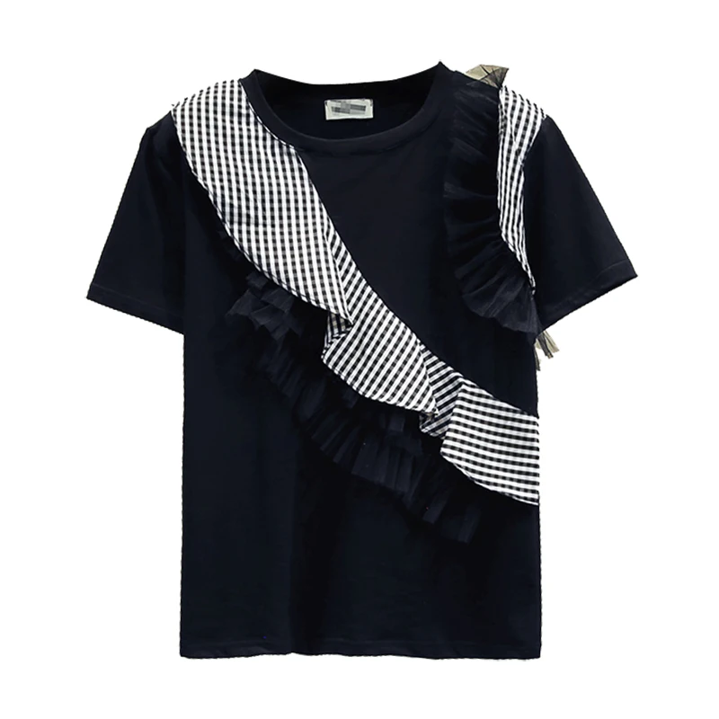 

Female Tee 2019 Summer White Short-sleeved Ruffles Shirt Women Loose Lady T-shirt Black Tshirt Femme All-match Basic Tees Tops