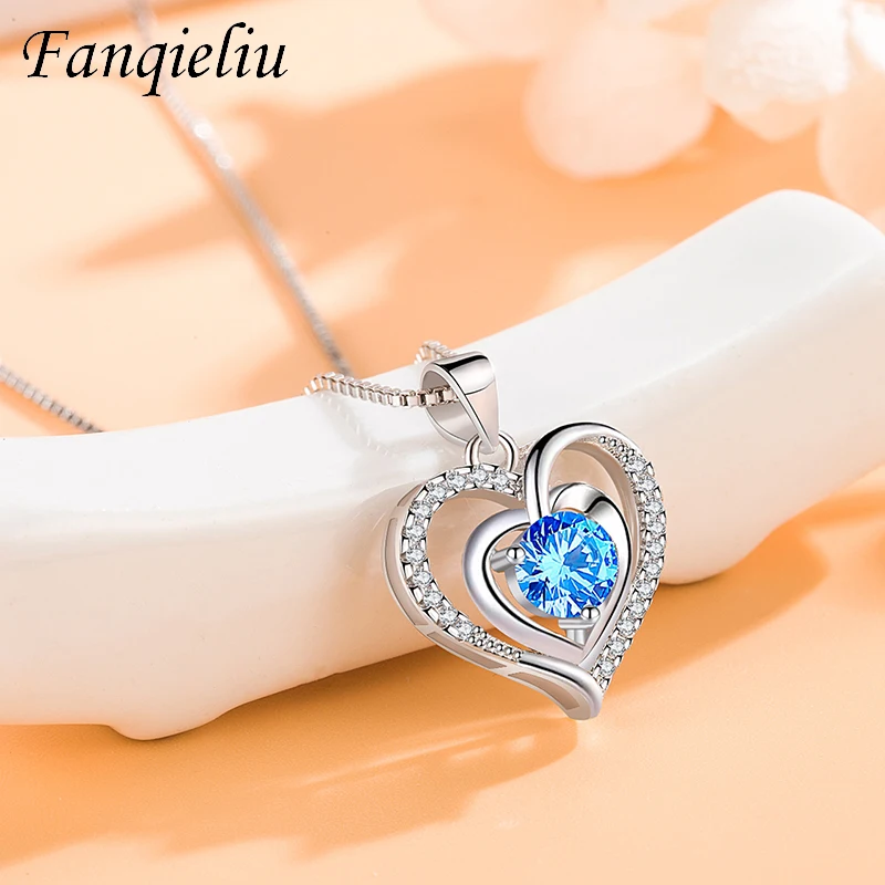 

Fanqieliu Girl's Wedding Gift Heart Blue Crystal Pendants 40&45CM Chain 925 Sterling Silver Pendant Necklace For Women FQL21322