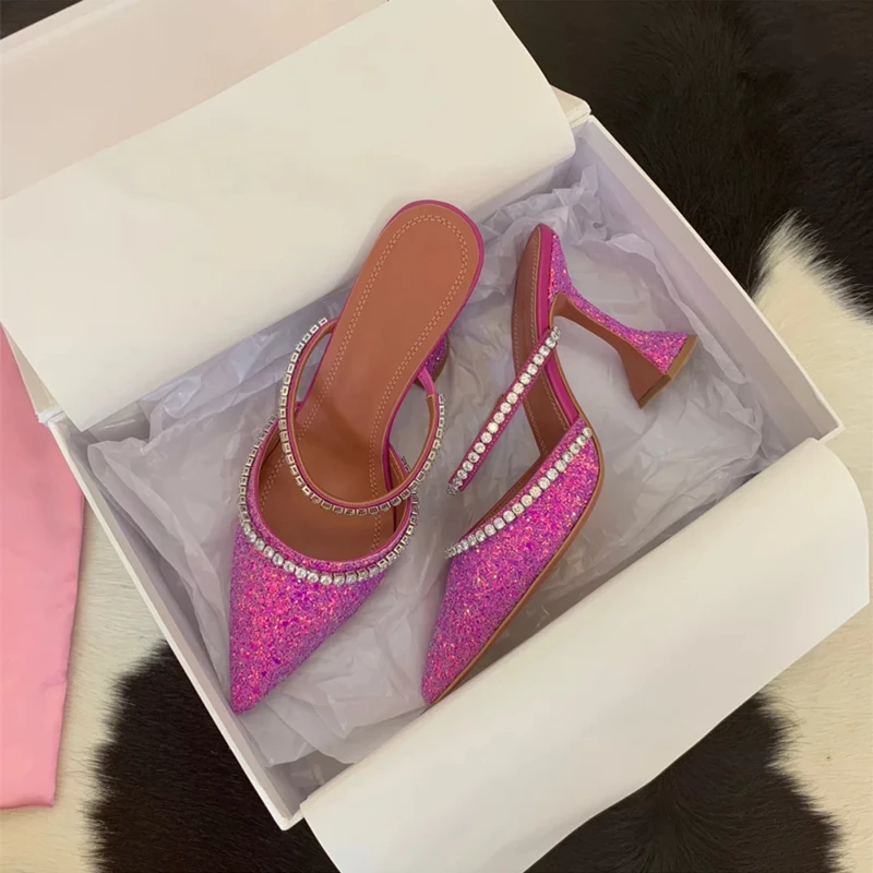 Обувь на высоком каблуке со стразами Женские тапочки мюли Chaussures Femme Летние
