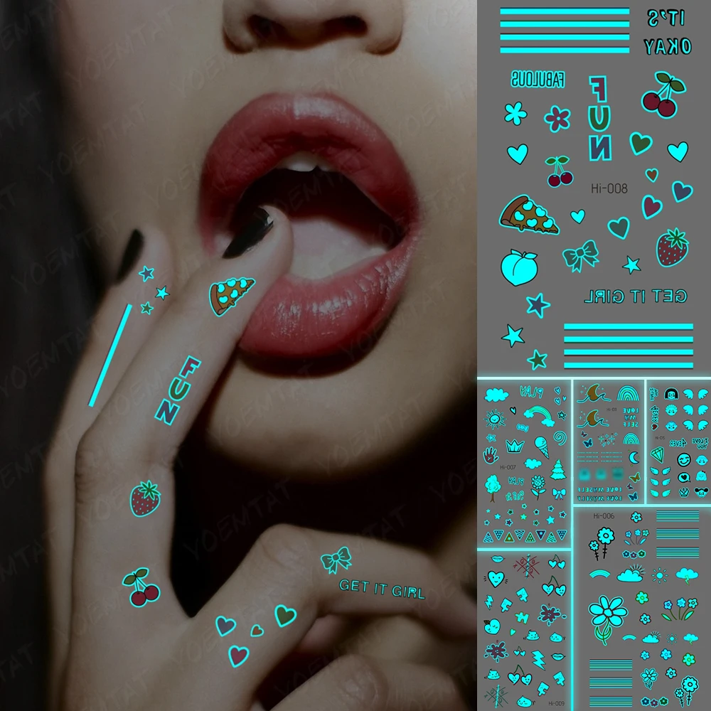 

Blue Luminous Glow Tattoo Sticker Cute Cartoon Love Waterproof Temporary Tatoo Small Finger Wrist Fake Tatto For Body Art Women