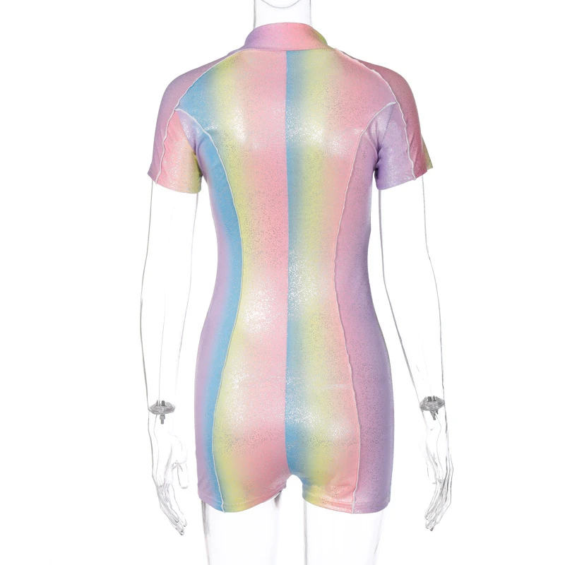 

Rainbow Stripe Sexy Playsuits Glittering Front Zipper Short Sleeve Slim Skinny Bodycon Rompers Casual Streetwear Ladies Jumpsuit