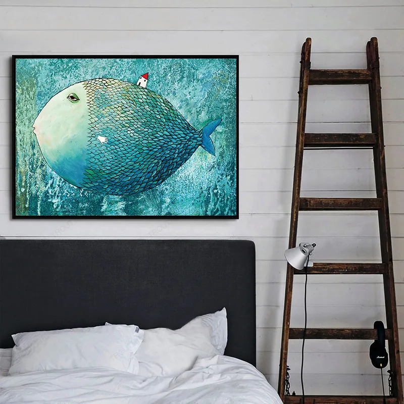 

Modern Cartoon Nordic Big Fish Small House Canvas Painting Art Print Poster Picture Home Decoration Wall Decor