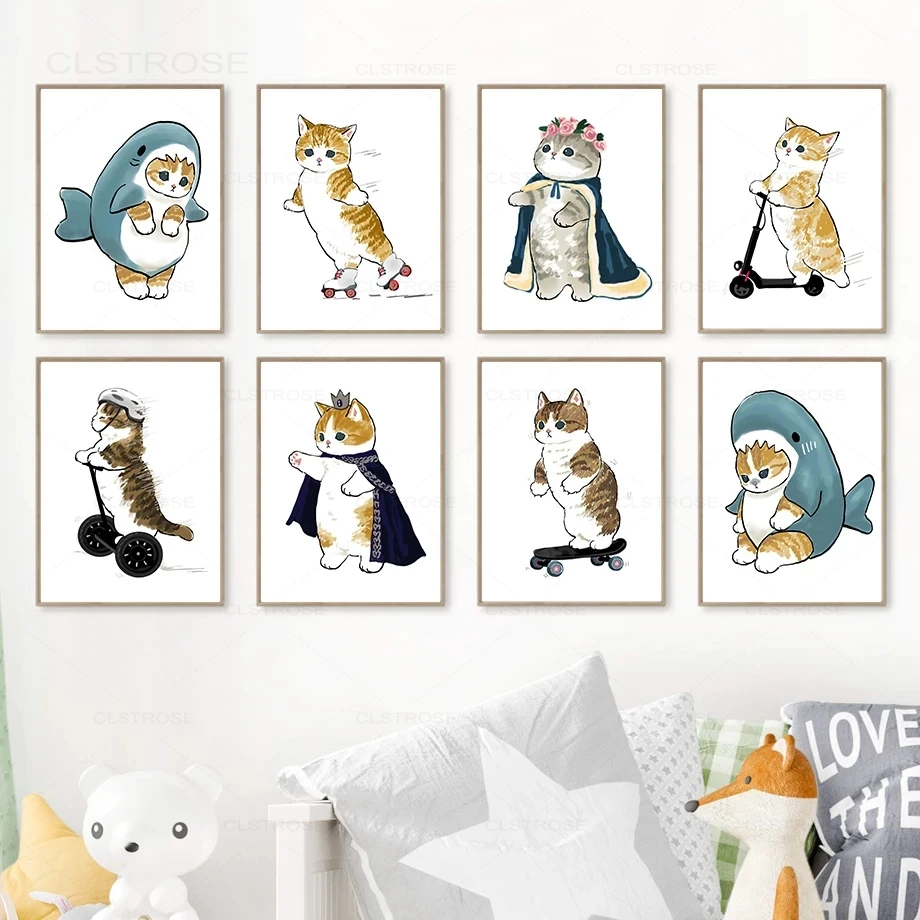 

Kawaii Cat Cute Wearing Animal Wall Art Canvas Painting Nordic Posters And Prints Wall Pictures Home Living Kids Room Decoration