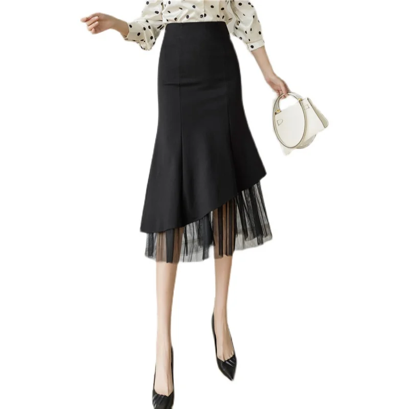 

New Fashion Irregular Ruffles Bodycon Stretch Midi Skirt Women Spring Summer Elegant Tulle Patchwork Package Hip Skirt