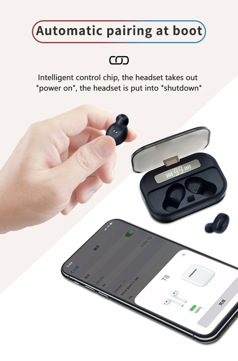 Ture Беспроводные стерео Bluetooth наушники с микрофоном, дисплей питания, музыкальная кнопка управления, Bluetooth наушники-вкладыши для смартфона