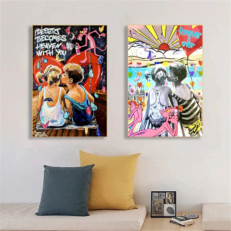 

Abstract Graffiti Popular Street Wall Art Boy Gril Pink Panther Poster Love Canvas Painting Home Living Room Decoration Mural