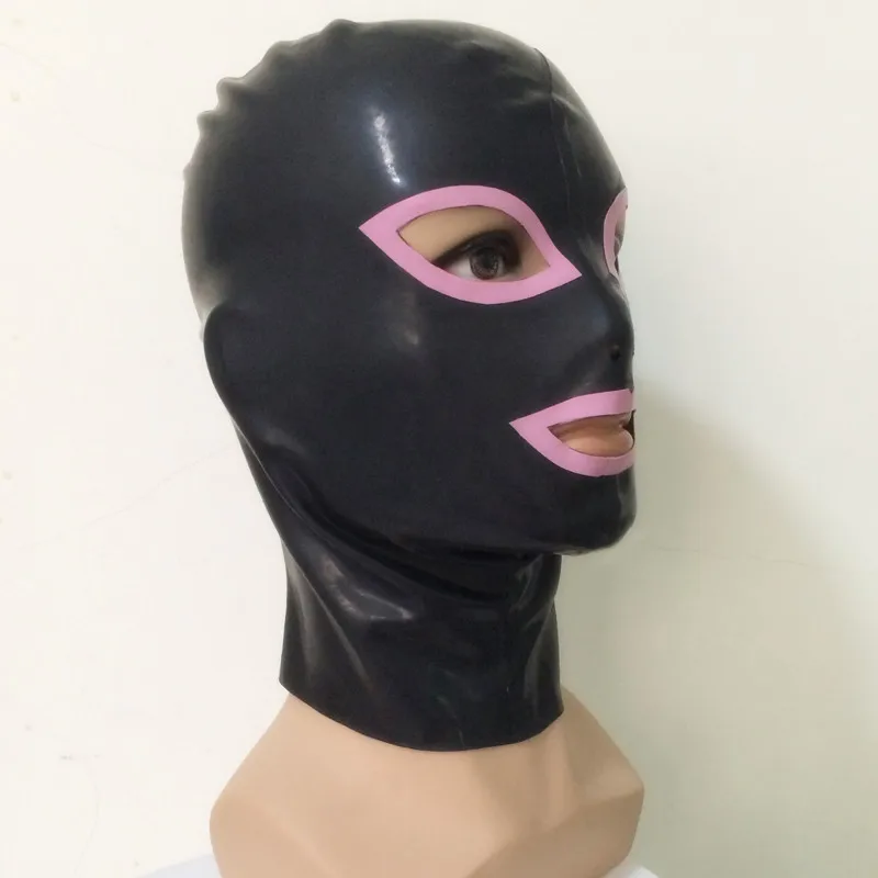 

Black And Pink Trims Latex Dance Party Hood Rubber Mask Back Zip handmade RLM011