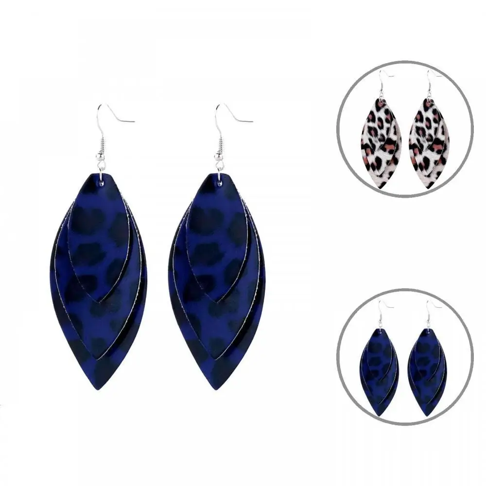 

Women Leopard Triple Layer Leaf Shape Faux Leather Long Dangle Hook Earrings