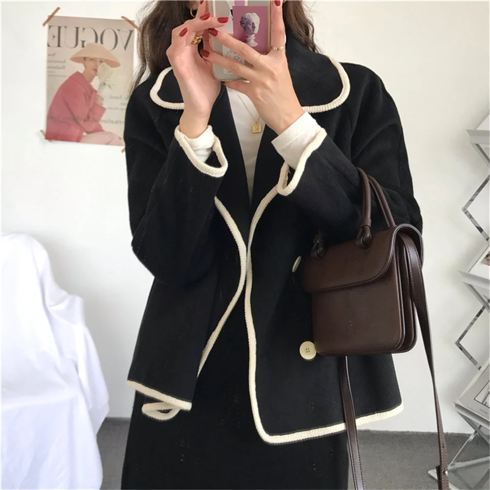 

Woolen High Waist Women Coats Patchwork Elegant Work Wear Autumn Slim 2021 Casual Streetwear New Loose Jackets