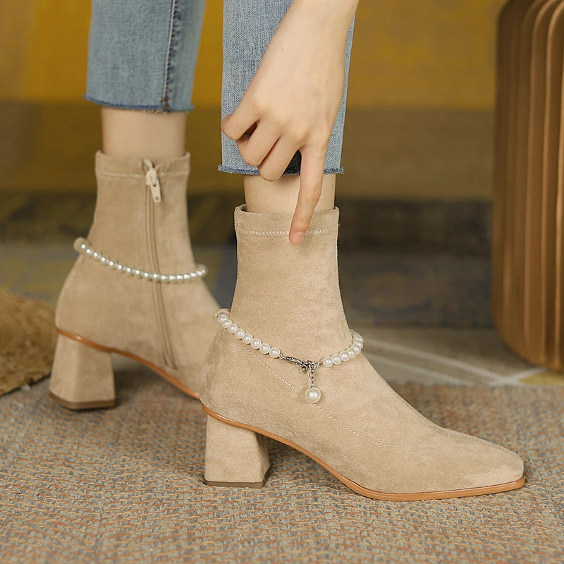 

Женские замшевые ботинки на молнии, Черные ботильоны на высоком каблуке, для вечеринки, для зимы, 2021