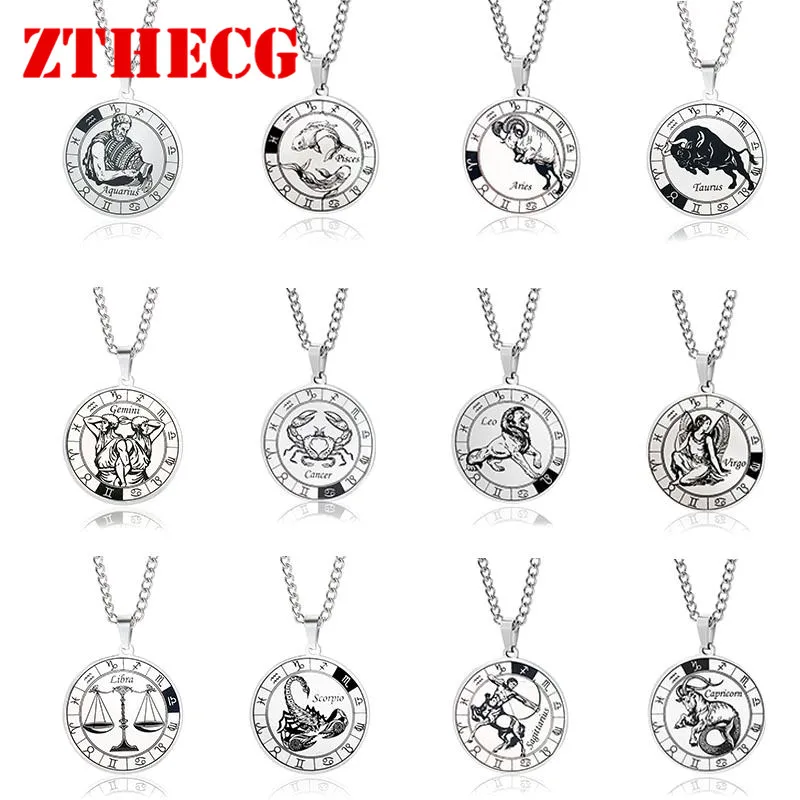 

Retro Animal Pattern Twelve Constellations Pendant Necklace Men Women Couple Stainless Steel Jewelry Fashion Best Friend Gifts