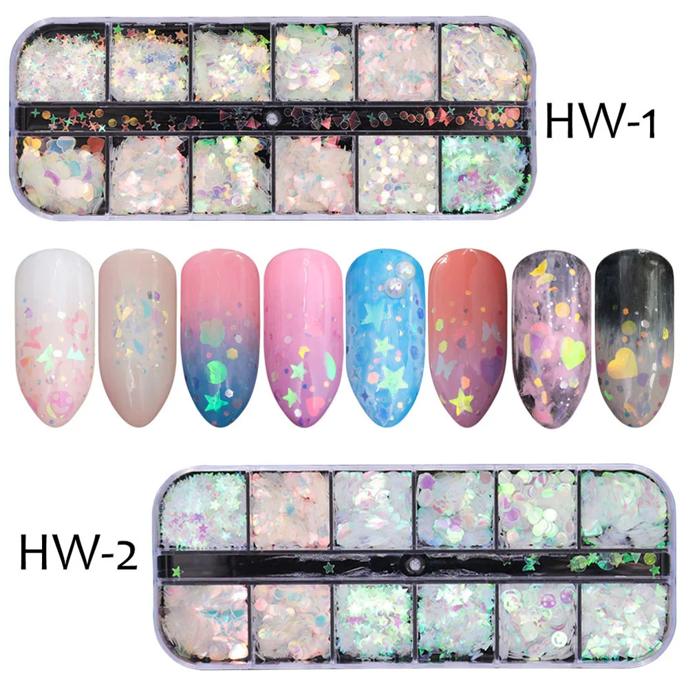 

33 Styles Nail Art Sequins 12 Grid Boxed Nail Gold and Silver Glitter Heart-shaped Butterfly Patch Set Nails Nail Supplies