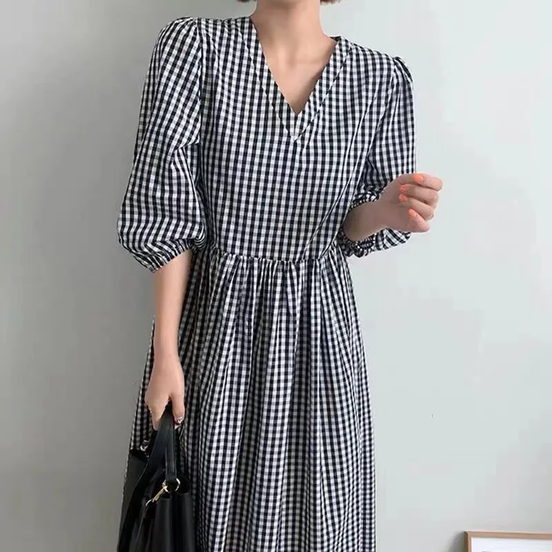 

COIGARSAM Plaid Women Long dress Lantern Sleeve High Waist V-Neck Dresses Blue Mr Hague 2523