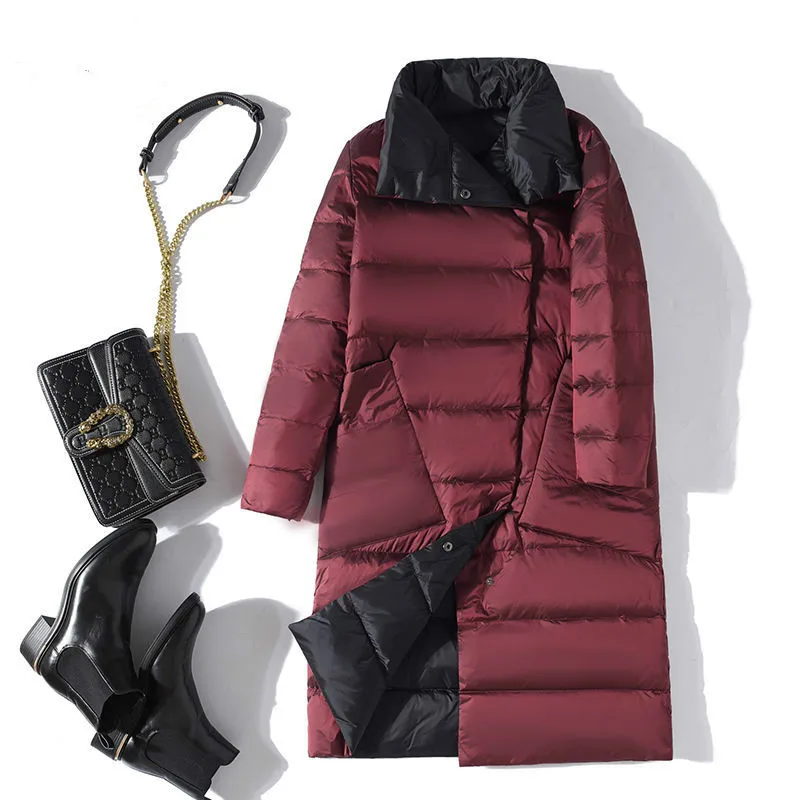 

Новая модная женская двухсторонняя длинная куртка на белом утином пуху зимняя водолазка двубортная теплая парка женская верхняя одежда Q210