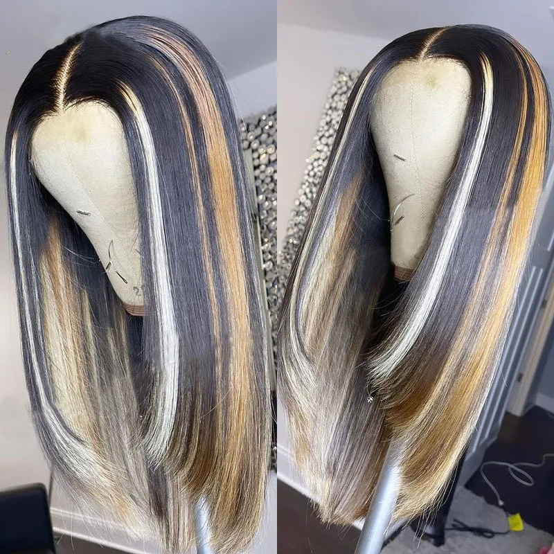 

Medium Bob Straight Remy Ombre Blonde Highlight Lace Front Human Hair Wigs For Black Women Natural Hairline Brazilian Glueless