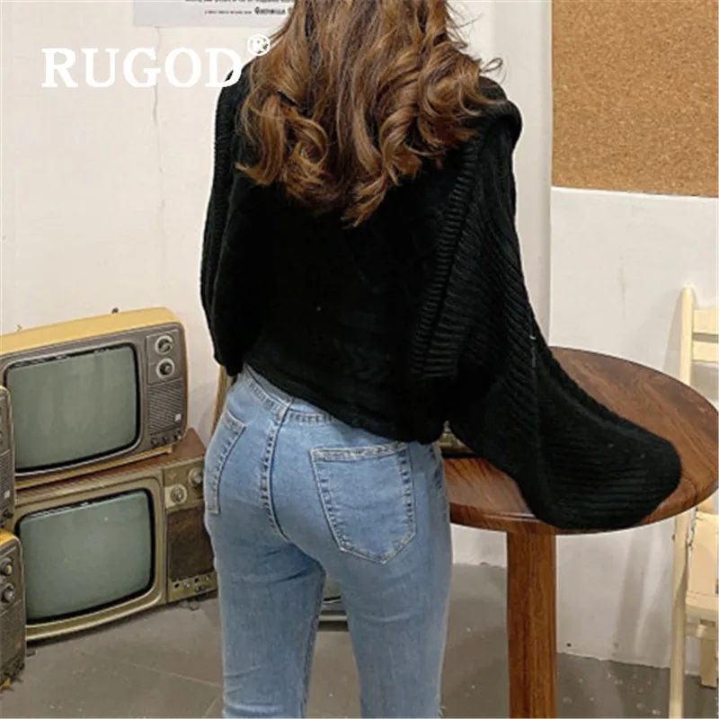 

RUGOD Vintage Knitted Sweater Half Collar Pullover Jumper Knitwear Winter Tops For Women Korean Style Womens Sweaters 2019