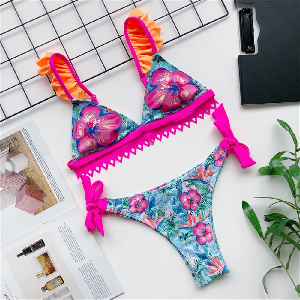 

Floral Printed Split Bikini Swimsuit Ruffles Decor Lace-up Two-pieces Bikini Sets Women Print Swimwear Beach Bather Bathing Suit