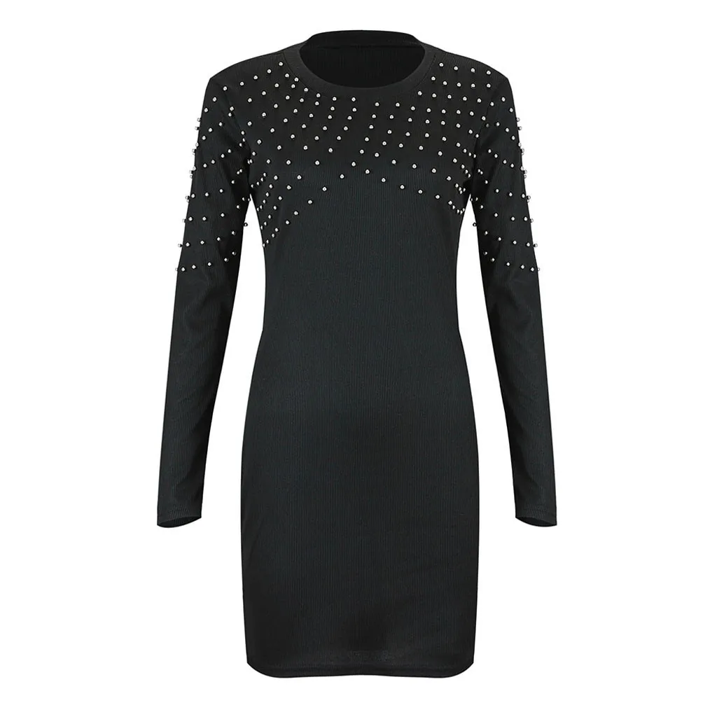 Женские платья Твердой O образный вырез платье Бисероплетение длинного рукав Ropa