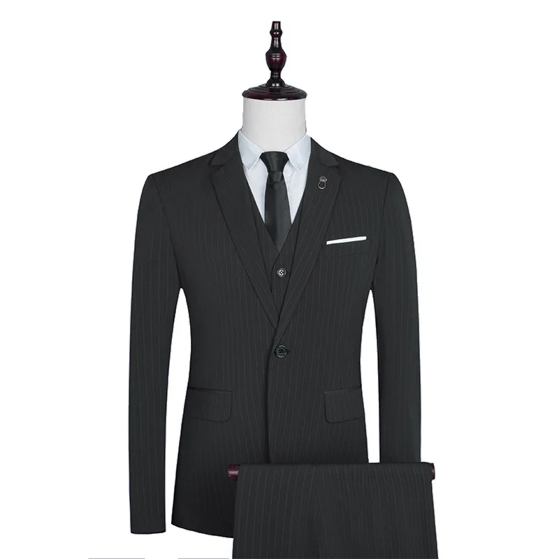 

Men's new slim vertical stripe suit three piece youth business casual suit