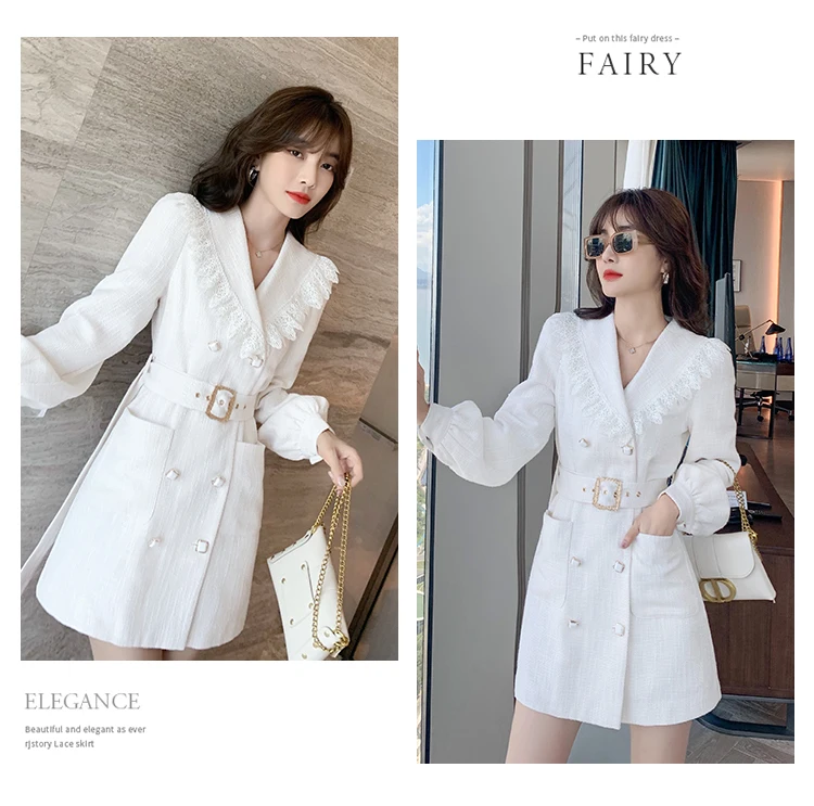 Temperament OL Short White Tweed Dress 2020 Autumn New Lace Trim Notched Double breasted Lantern Sleeve Blazer Dresses Women | Женская