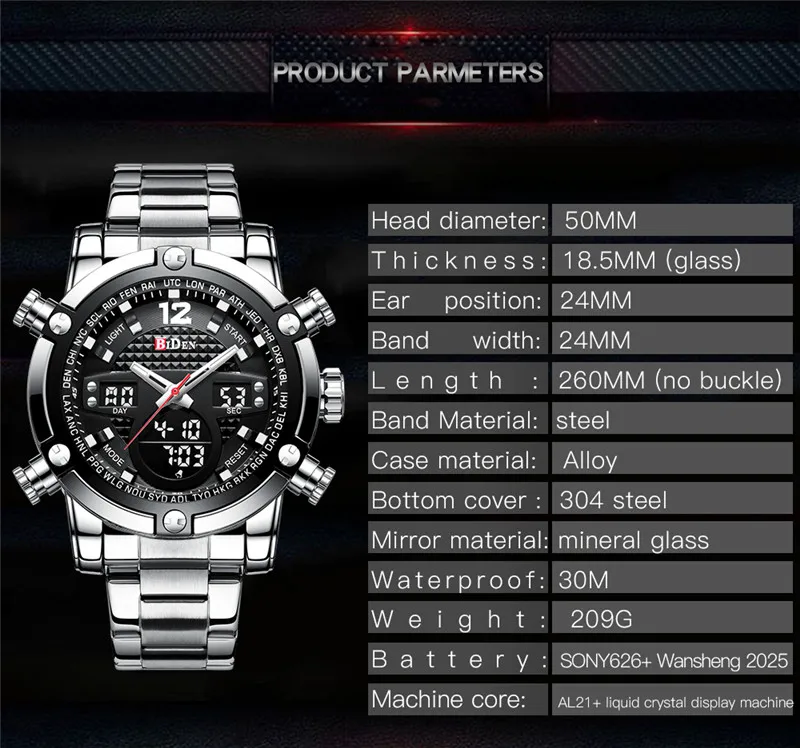 BIDEN Mens Watches Top Brand Quartz Watch for Male Wristwatch Silver Stainless Steel Links Waterproof Calendar Display 0112 | Наручные