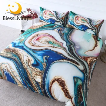 BlessLiving Marble Texture Bedding Set Queen Golden Green Blue Duvet Cover Quicksand Bed Cover 3-Piece Luxury Bedspread Dropship 1