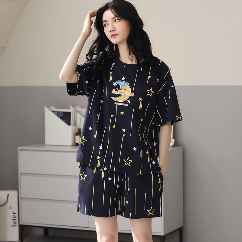 

Новейший Летний женский пижамный комплект из 100% хлопка, мультяшная Пижама с коротким рукавом и круглым вырезом, повседневная домашняя одежда