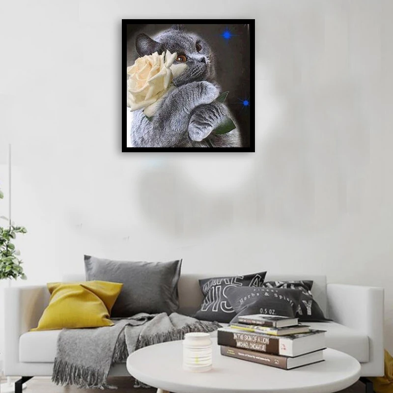 DIY картина с животными вышивка крестиком полная круглая котом и цветами