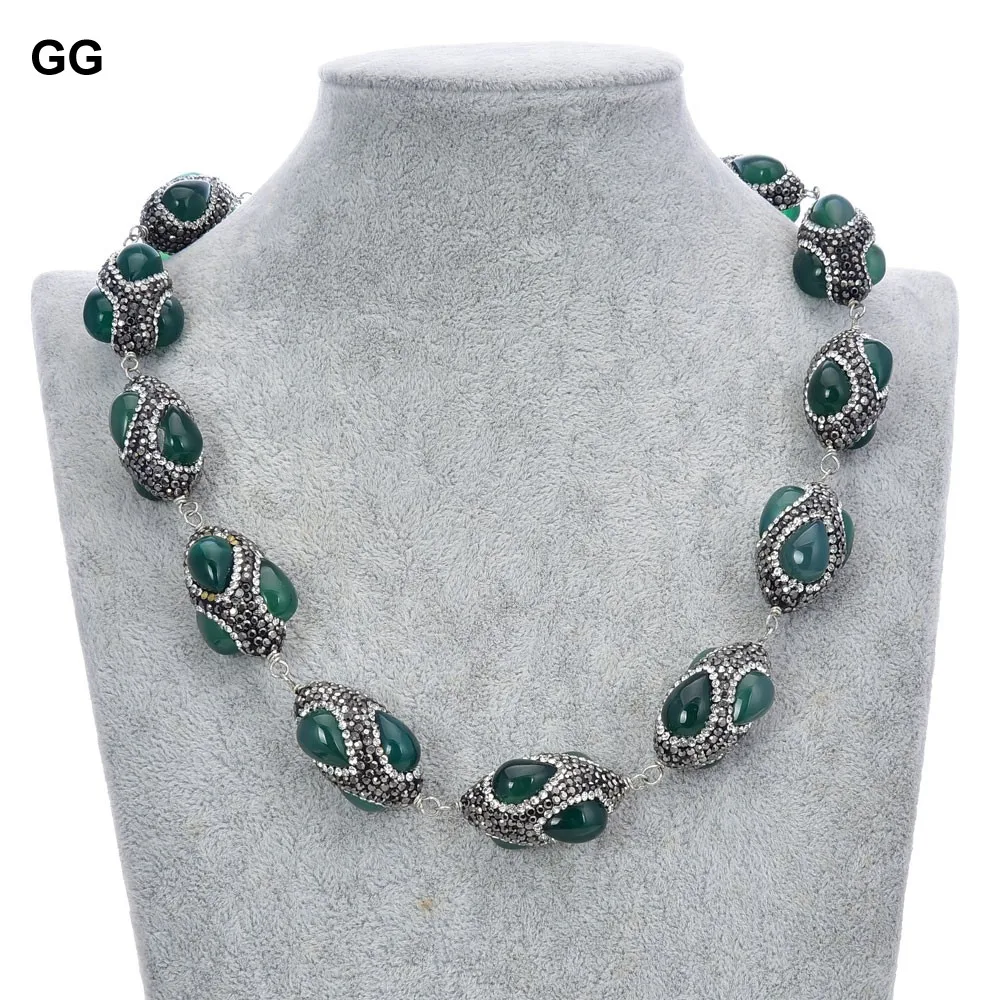 

GuaiGuai Jewelry Natural Green Agates Black Rhinestone CZ Pave Wrap Chorker Necklace For Women