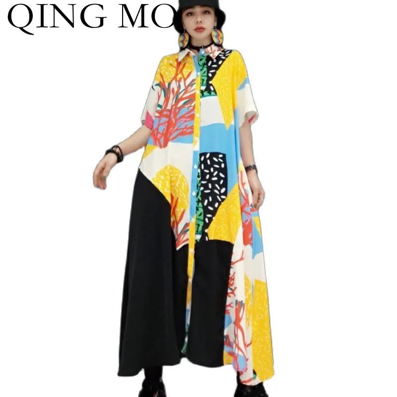 

QING MO 2021 Summer New Women Short Sleeved Dress Loose Large Size Printing Stitching Shirt Dress Street Fashion Dress ZWL148