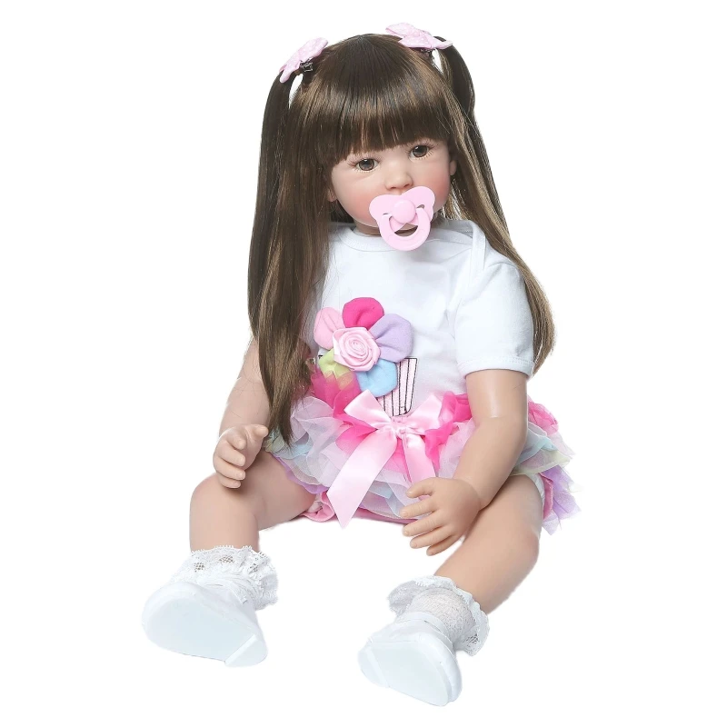 

HX5D 24 inch Lovely Reborn Baby Girl Dolls Toddler Realistic Silicone Long Hair Toy