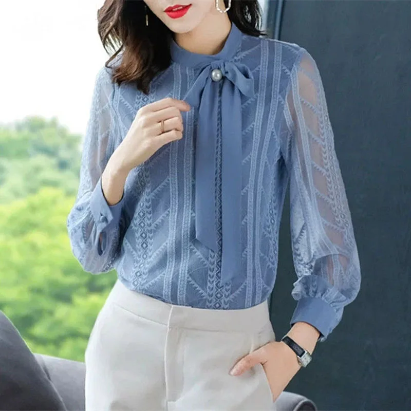 Женские шифоновые блузки рубашки в полоску повседневные Лоскутные с бантом на