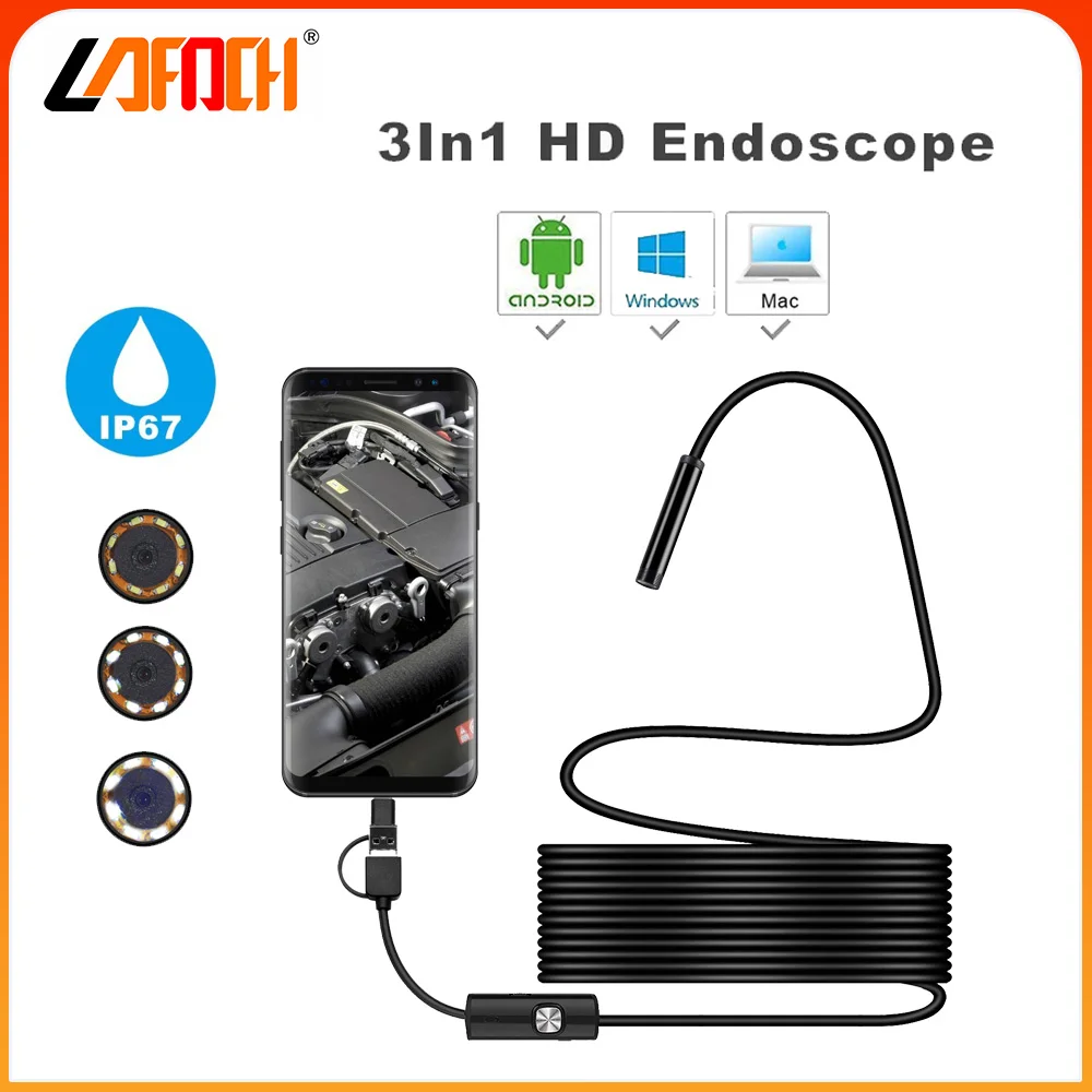 

7mm 3 in1 Endoscope Camera IP67 Waterproof house maintenance Engine Drain Pipe Inspection Borescope Camera for Android PC Type-C