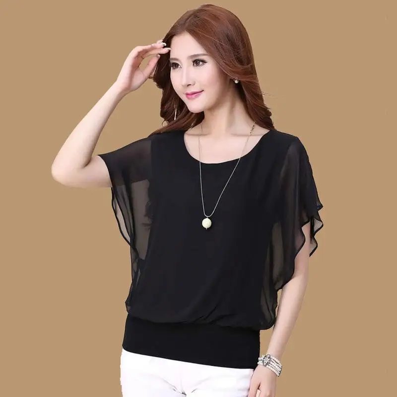 

Summer women's chiffon shirt fat mm Tibetan meat size Joker loose belly jacket short sleeve bat shirt slim t-shirt