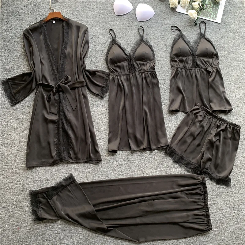 Весенний костюм из 5 предметов женский сексуальный Шелковый Атласный пижамный