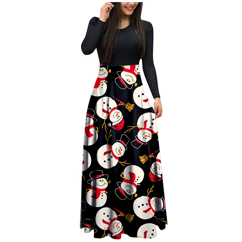 

Autumn Long Sleeve Women Dress Fashion O-neck Lady Loose Maxi Dress Vintage Christmas Print Casual Elegant Female Party Dresses