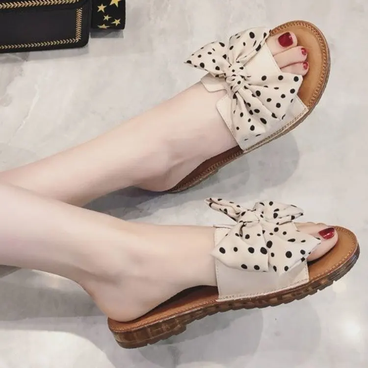 Slippers Female Summer Fashion Outer Wear 2021 New Korean Bow Flat Soft-Soled Sandals sha tan tuo Female Slip Resistant
