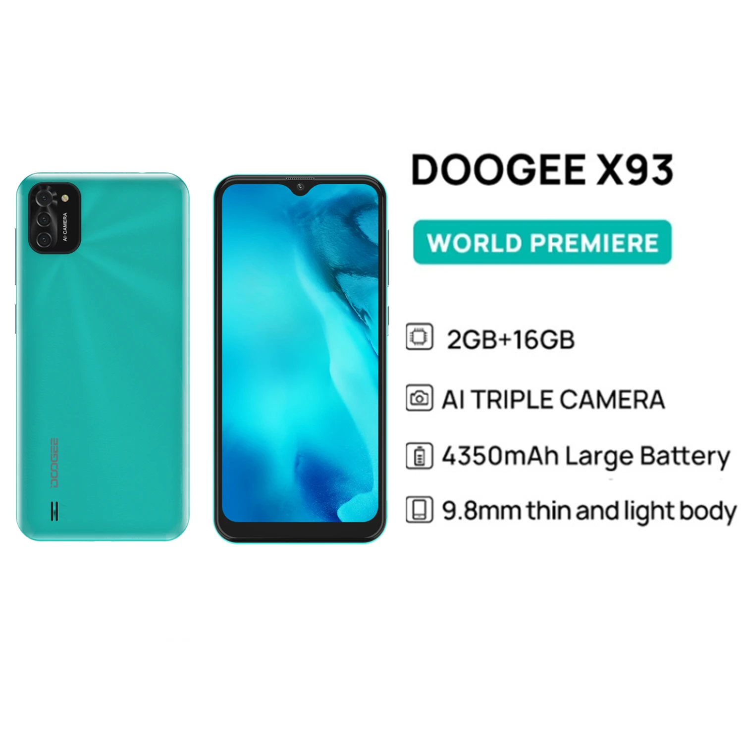 

DOOGEE X93 мобильный телефон, 2 ГБ, 16 ГБ, Android 10, AI, тройная камера, 8MP, 6,1 дюйма, водослива, экран 4350 мАч, 9,8 мм, тонкий светильник, корпус смартфона