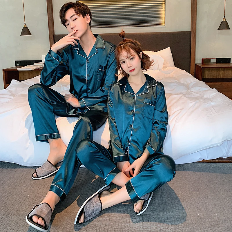 Champagne Couple Silk Satin Pajamas Pyjamas Set Long Sleeve Sleepwear Pijama Pajamas Suit Women And Man Sleep 2PC Set Loungewear