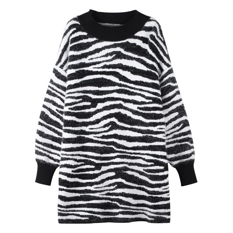 Платье-Свитер с принтом зебры коричневого цвета Женское зимнее свободное