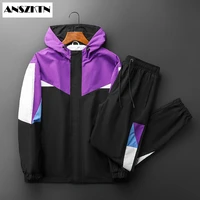 new mens casual fitness outdoor patchwork hoodied sweatshirt sweatpants sports leisure zipper suit sports running hoodie set