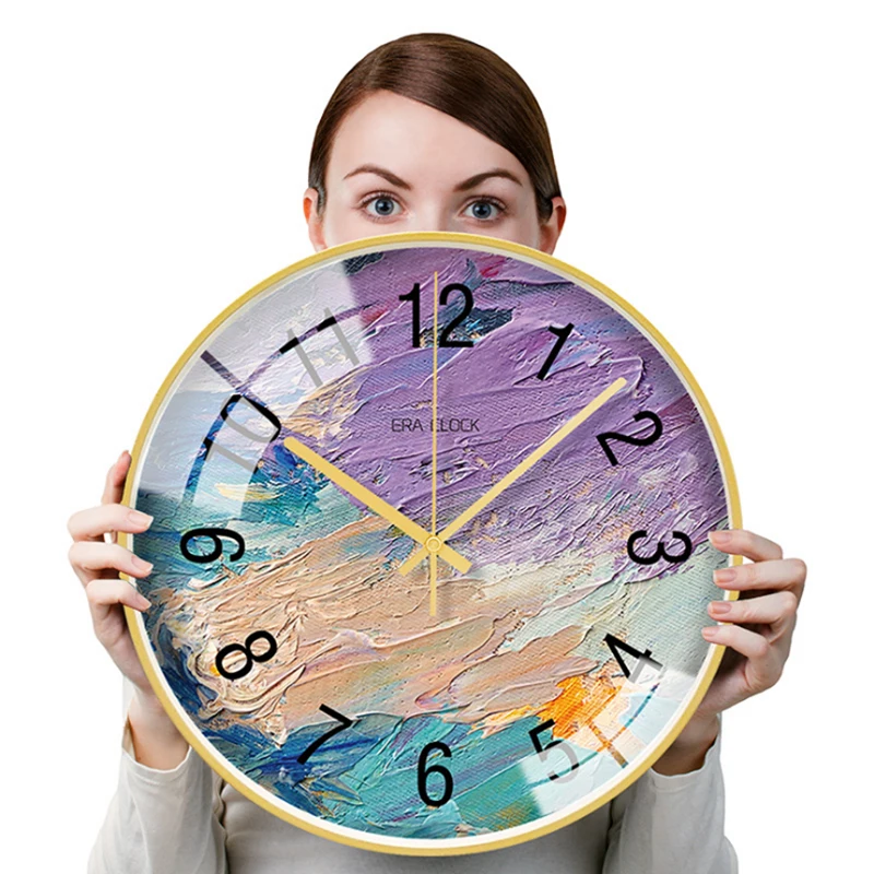 Oil Painting Decorative Metal Wall Clocks Silent Quartz Circular Hanging Clock Modern Design Home Decor | Дом и сад