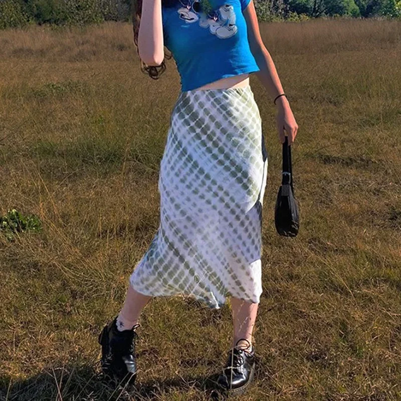 

Harajuku E-Girl 90S Fashion Midi Skirt Green Printed Y2K Vintage High Waits Skirts Fall Women Streetwear Indie Outfit