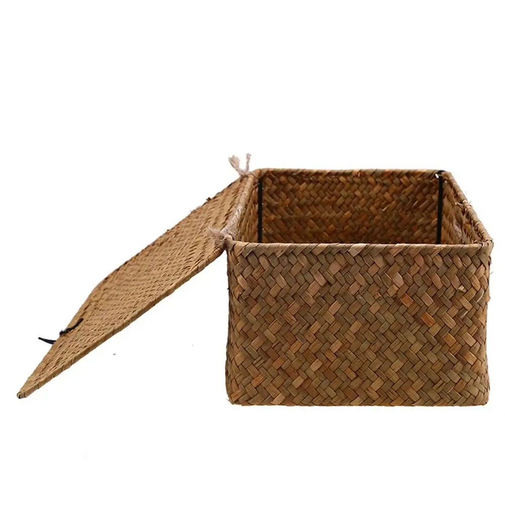 Seaweed Hand-Woven Storage Box Desktop Sundries Clothes Basket Finishing With Lid | Дом и сад