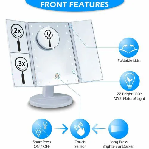 Косметическое зеркало для макияжа с 22 светодиодный увеличение 2x/3x/10x тройного