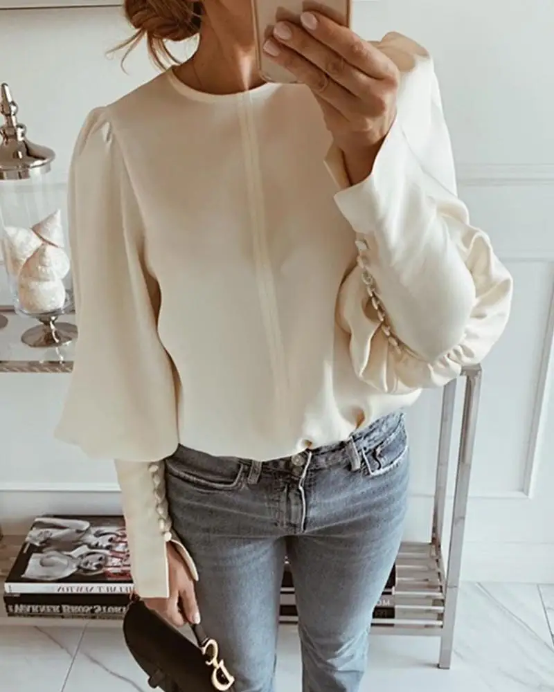 Women Winter Autumn Satin Long Sleeve Button Shirt Office Lady Workwear Solid Round Neck Balloon Blouse | Женская одежда